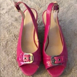 Pink Lane Bryant sling back peep toed wedges.